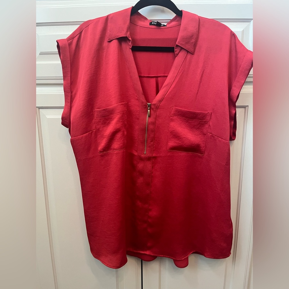 Express red blouse with gold zipper